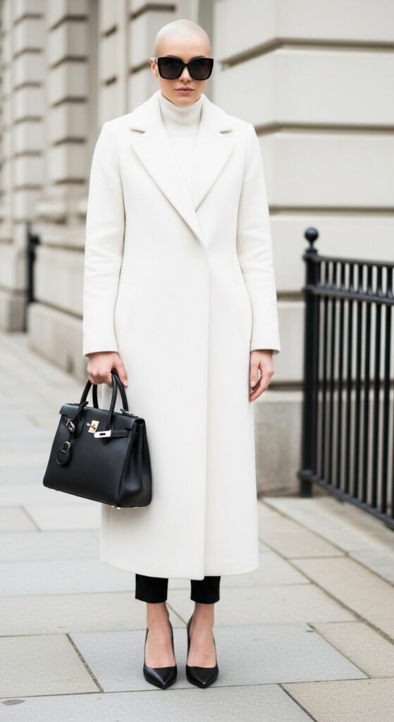 Long White Coat with Black Accessories