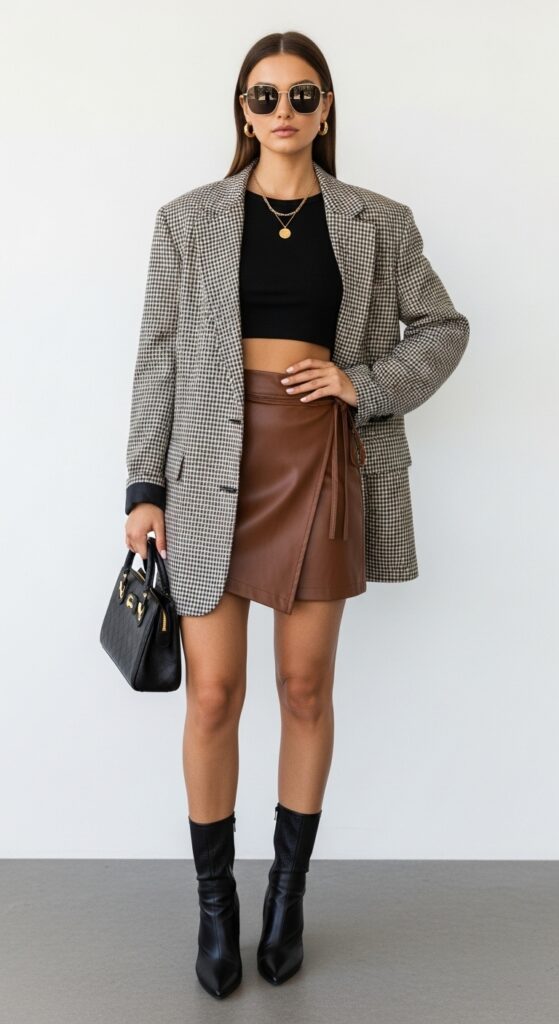 14 Stylish Brown Skirt Outfit Ideas You’ll Love 6 Mini Skirt & Oversized Blazer