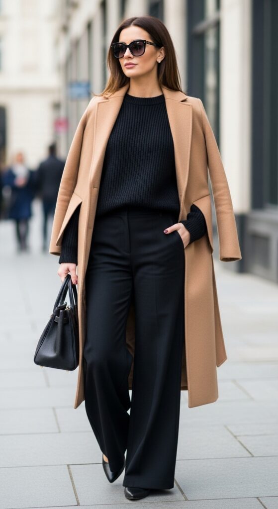 Monochromatic Black Long Camel Coat Outfit