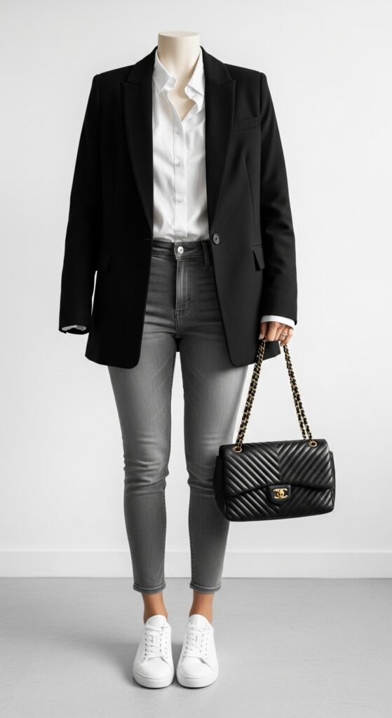 25 Trendy White Sneakers Outfits for Women That Are Totally Chic 19 Office Casual Blazer and Jeans