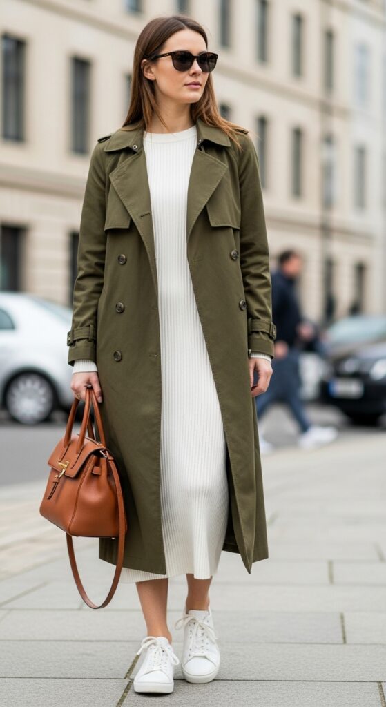 Olive Green Trench Coat with White Ribbed Dress