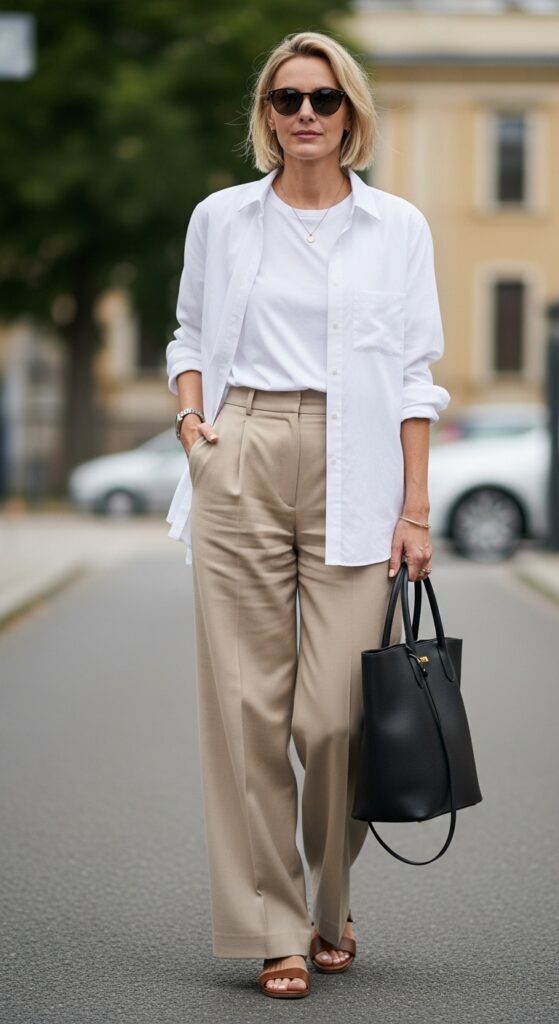 28 Stylish Ways to Wear a White Button-Down Shirt and Elevate Your Fashion 21 Open Shirt Over White Tee & Beige Trousers