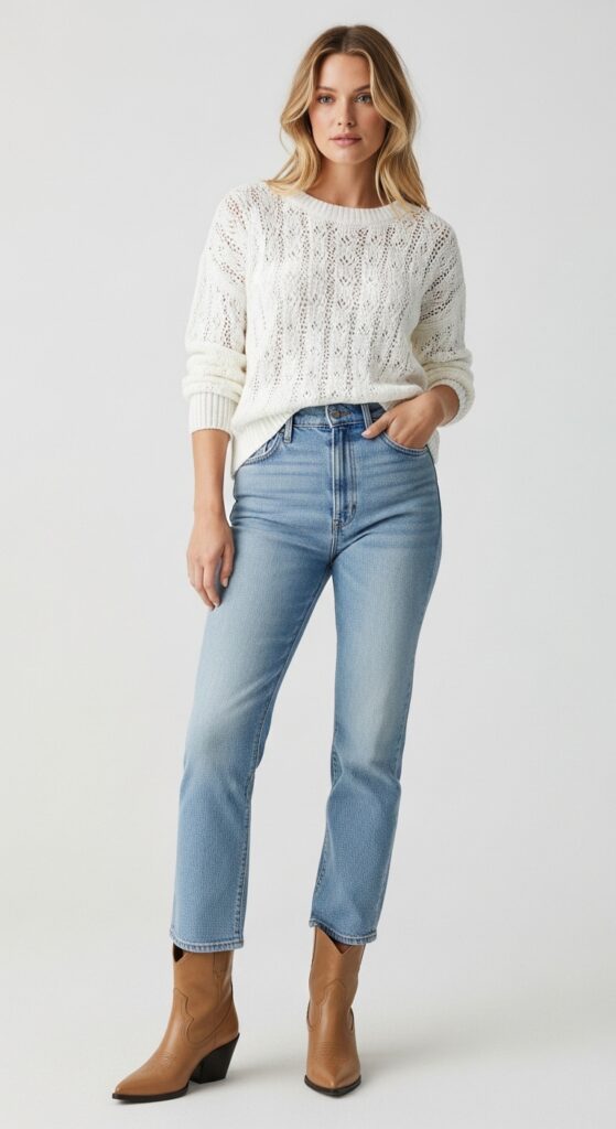 How to Wear Cowboy Boots: 22 Stylish Outfit Ideas You’ll Love 17 Openwork Sweater and Straight-Leg Jeans