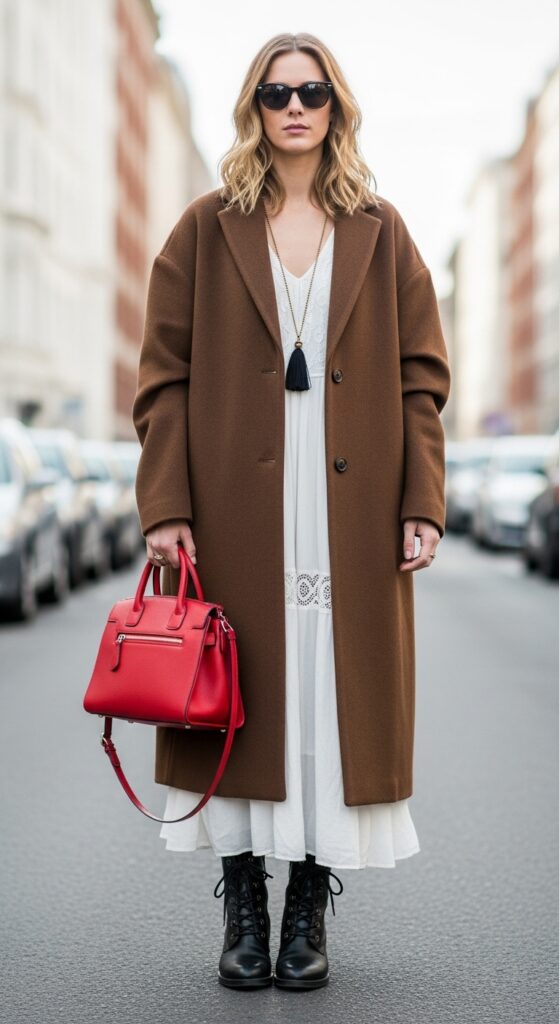 Oversized Brown Wool Coat with White Maxi Dress