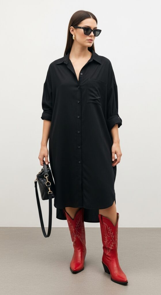 How to Wear Cowboy Boots: 22 Stylish Outfit Ideas You’ll Love 22 Oversized Shirt Dress and Red Boots