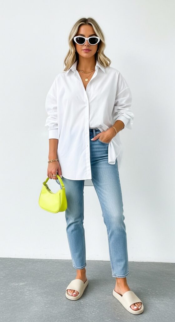 28 Stylish Ways to Wear a White Button-Down Shirt and Elevate Your Fashion 5 Oversized Shirt & Light Wash Jeans