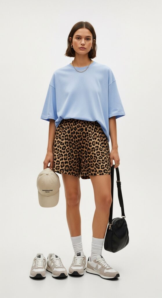 Oversized Tee & Leopard Print Shorts – Sporty and Cute