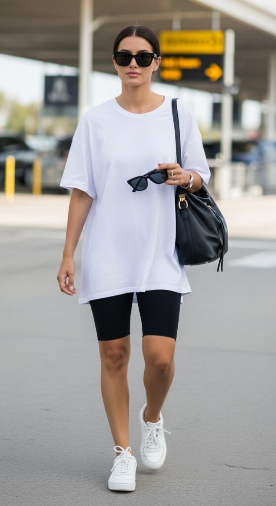 25 Stylish Airport Outfit Ideas for Comfort and Fashion 3 Oversized Tee and Bike Shorts