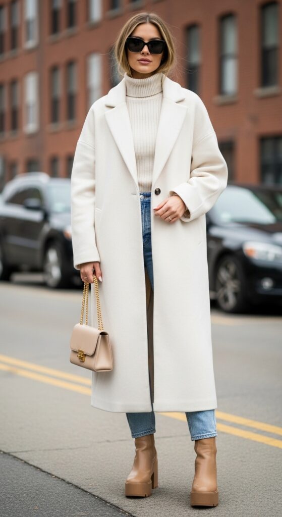 Oversized White Coat and Platform Boots