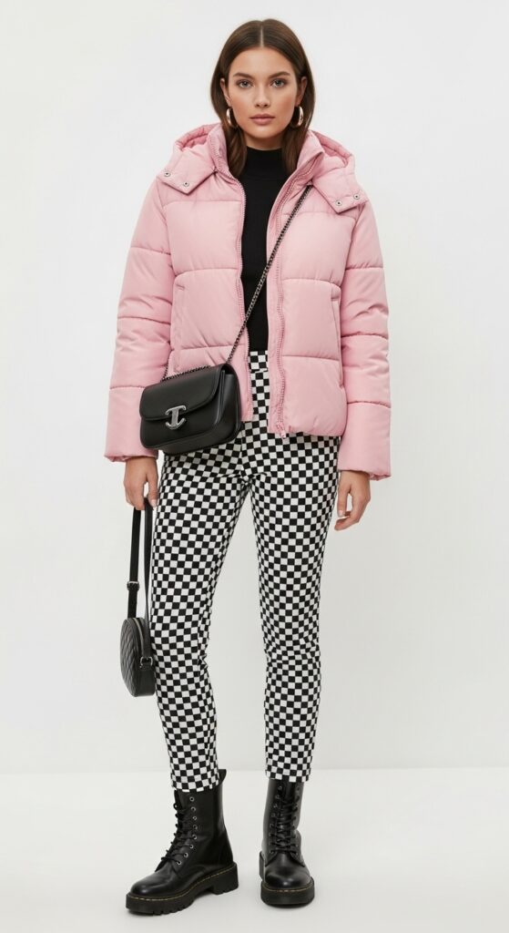 19 Cozy and Stylish Puffer Jacket Outfit Ideas for Winter 4 Pink Pop with Checkered Pants