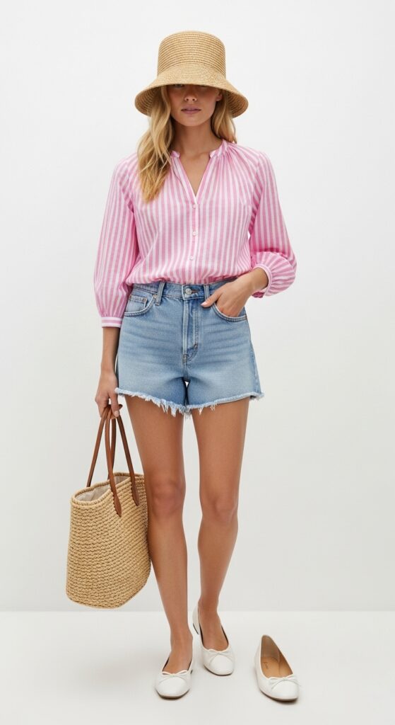 Pink Striped Blouse & Denim Shorts – Beachy & Casual