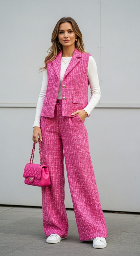 17 Stylish Ways to Wear a Tweed Jacket for Every Occasion 7 Pink Tweed Vest Jacket with Wide-Leg Pants