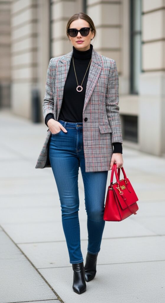 22 Chic Turtleneck Outfits to Elevate Your Style This Season 21 Plaid Blazer & Jeans