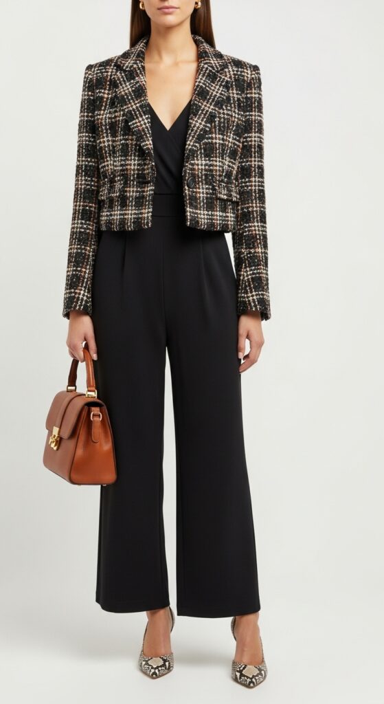 17 Stylish Ways to Wear a Tweed Jacket for Every Occasion 5 Plaid Tweed Cropped Blazer with Black Jumpsuit