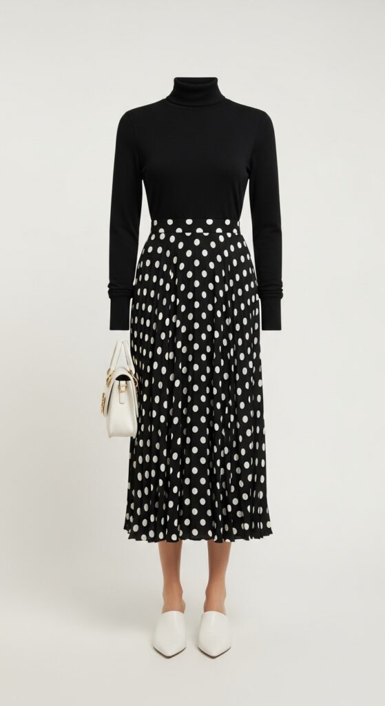 22 Chic Turtleneck Outfits to Elevate Your Style This Season 15 Polka Dot Skirt & Turtleneck