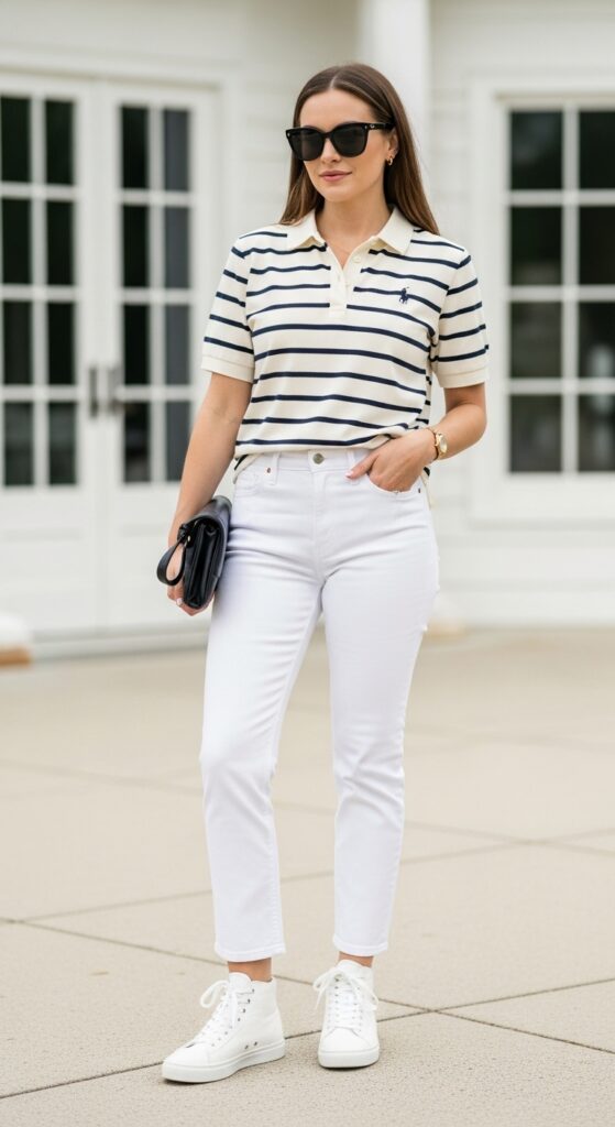 25 Trendy White Sneakers Outfits for Women That Are Totally Chic 22 Preppy Cool Striped Polo and White Jeans