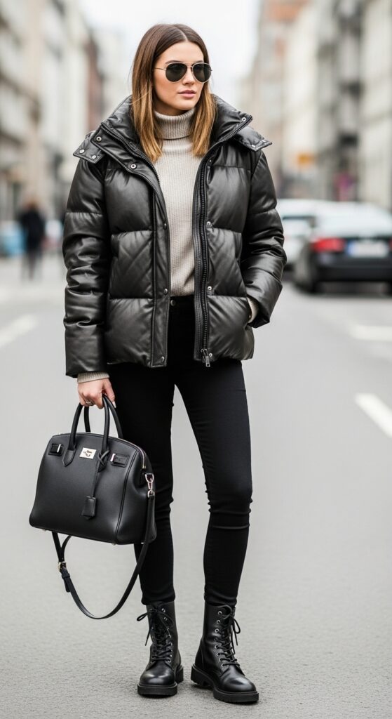 19 Cozy and Stylish Puffer Jacket Outfit Ideas for Winter 21 Puffer and Leather Combo