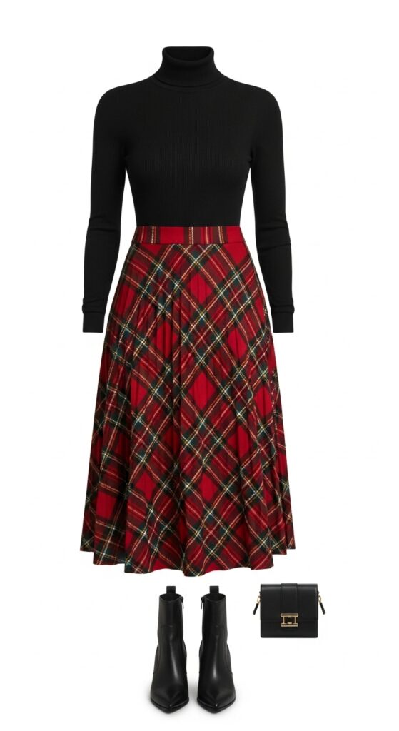22 Chic Turtleneck Outfits to Elevate Your Style This Season 23 Red Plaid Skirt & Turtleneck