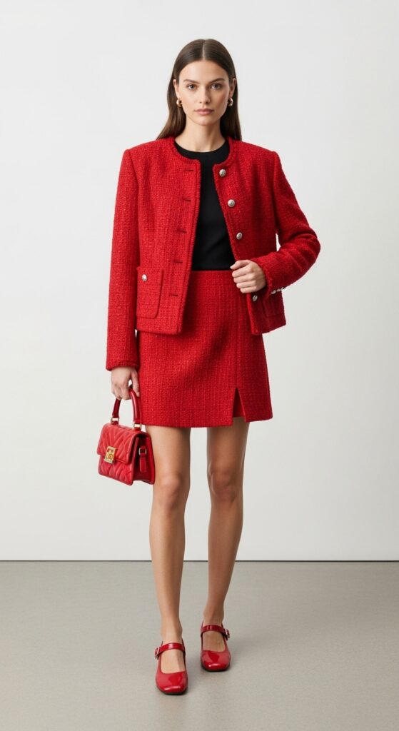 17 Stylish Ways to Wear a Tweed Jacket for Every Occasion 19 Red Tweed Jacket with Matching Mini Skirt