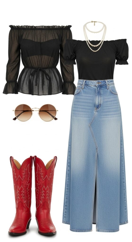 How to Wear Cowboy Boots: 22 Stylish Outfit Ideas You’ll Love 11 Sheer Top and Denim Maxi Skirt