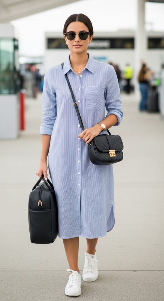 25 Stylish Airport Outfit Ideas for Comfort and Fashion 23 Shirt Dress
