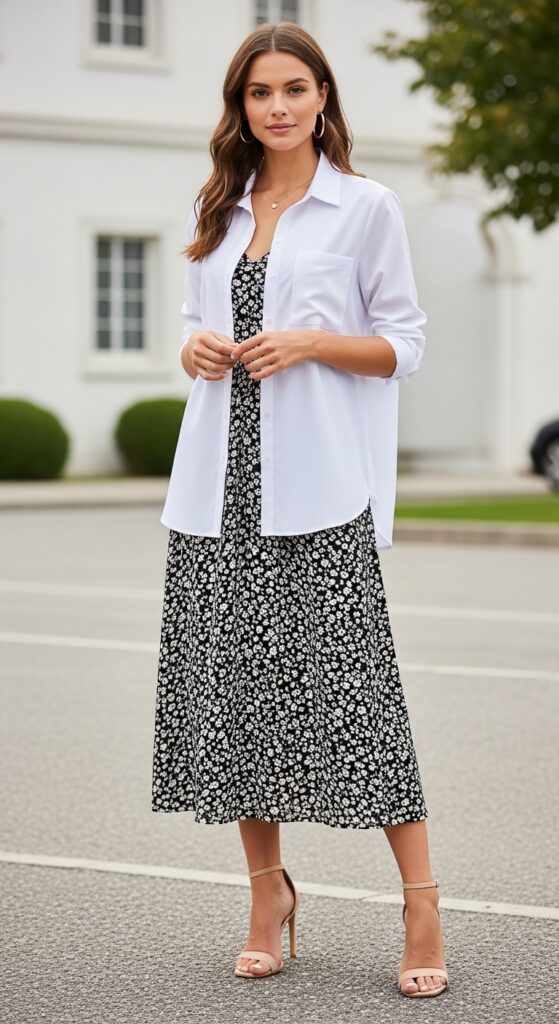 28 Stylish Ways to Wear a White Button-Down Shirt and Elevate Your Fashion 30 Shirt Over Midi Dress
