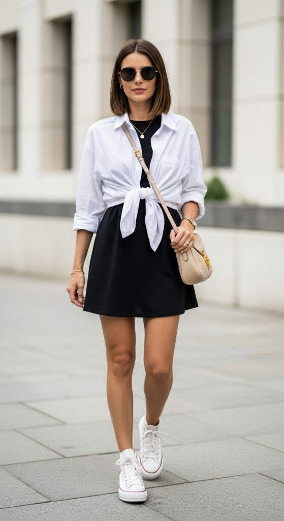 28 Stylish Ways to Wear a White Button-Down Shirt and Elevate Your Fashion 22 Shirt Tied Over Black Mini Dress