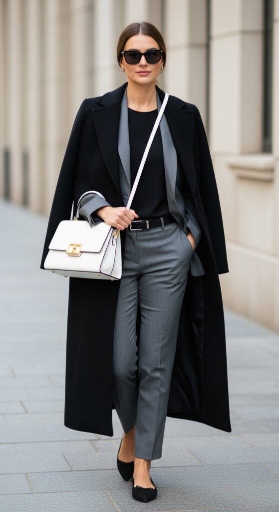Sleek Black Long Coat with Gray Suit