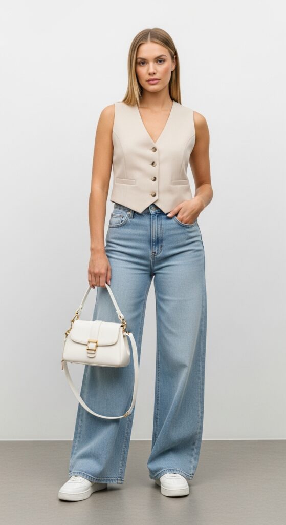 25 Trendy White Sneakers Outfits for Women That Are Totally Chic 8 Sleek and Chic Vest and Wide-Leg Jeans