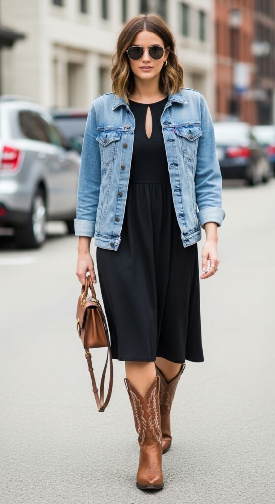How to Wear Cowboy Boots: 22 Stylish Outfit Ideas You’ll Love 3 Sleeveless Dress with Denim Jacket