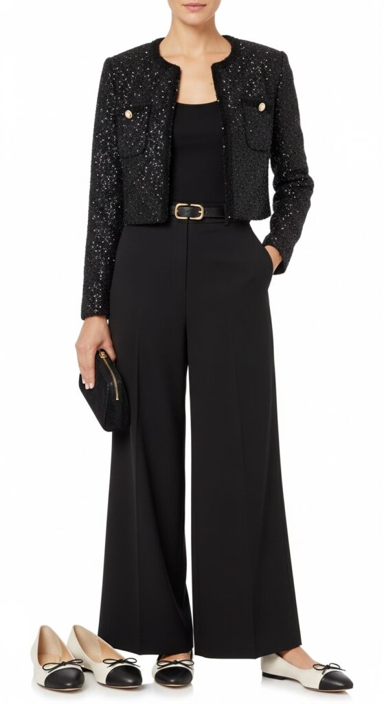 Sparkly Jacket and Wide-Leg Trousers