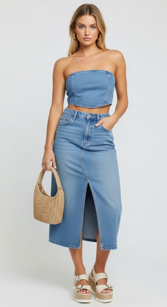 Strapless Crop Top & Denim Midi Skirt