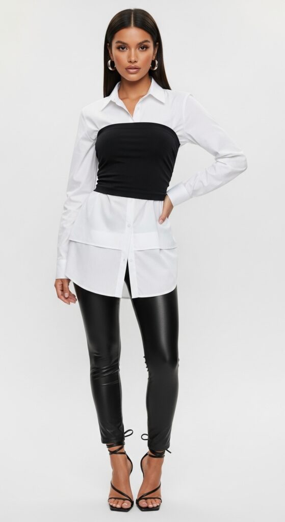 28 Stylish Ways to Wear a White Button-Down Shirt and Elevate Your Fashion 17 Strapless Top & Leather Leggings