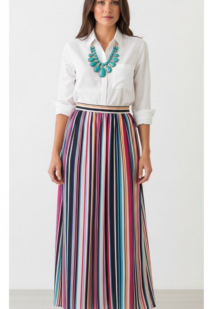 28 Stylish Ways to Wear a White Button-Down Shirt and Elevate Your Fashion 14 Striped Maxi Skirt & Statement Necklace