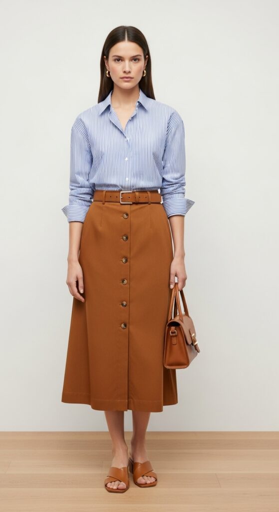 14 Stylish Brown Skirt Outfit Ideas You’ll Love 16 Striped Shirt & Button-Front Skirt