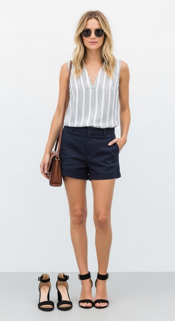 Striped Sleeveless Top & Dark Shorts – Simple Yet Stylish