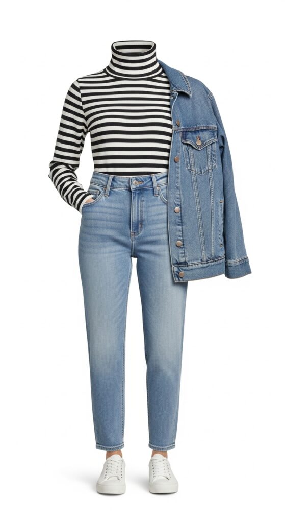 22 Chic Turtleneck Outfits to Elevate Your Style This Season 14 Striped Turtleneck & Jeans