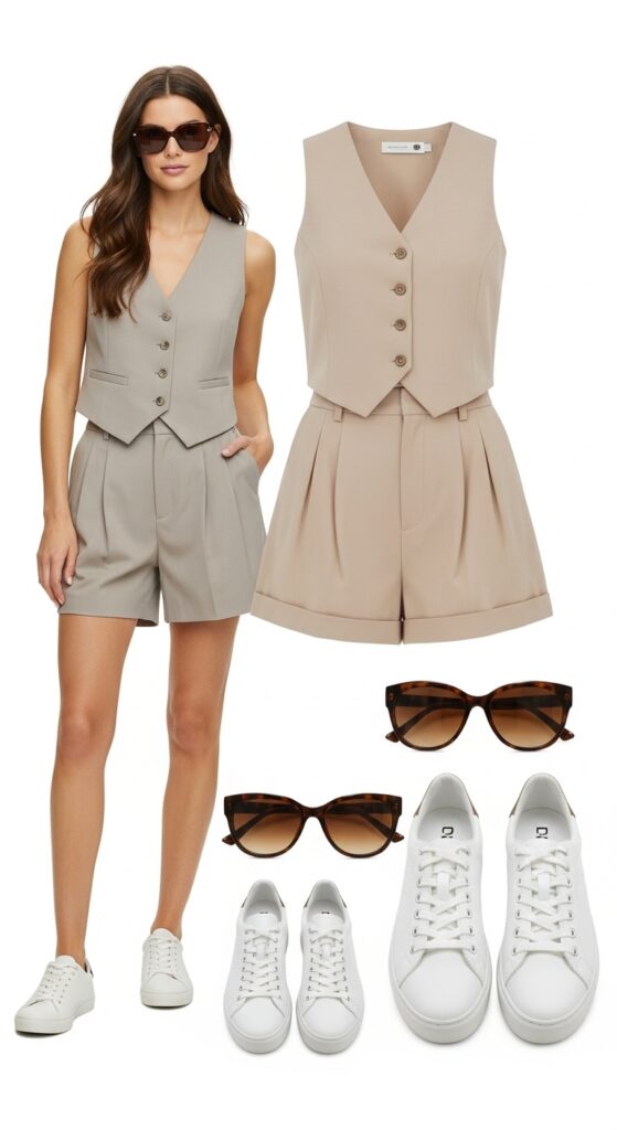 25 Trendy White Sneakers Outfits for Women That Are Totally Chic 20 Summer Chic Vest Top and Tailored Shorts