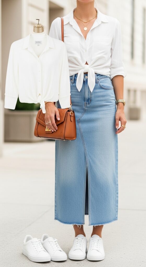 25 Trendy White Sneakers Outfits for Women That Are Totally Chic 17 Summer Ready Tied Shirt and Denim Skirt