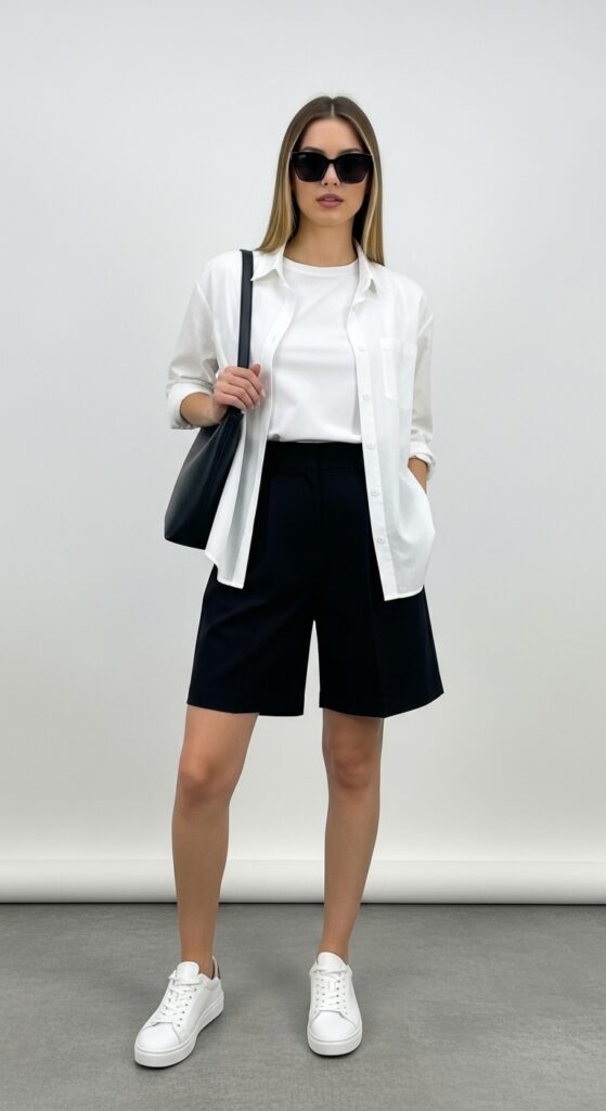 28 Stylish Ways to Wear a White Button-Down Shirt and Elevate Your Fashion 6 Tailored Black Shorts & White Sneakers