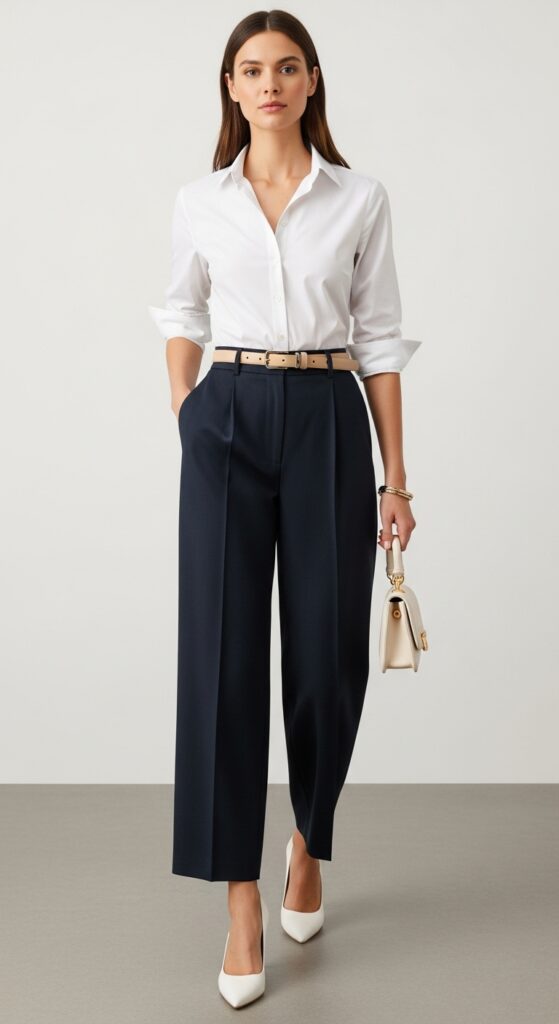 28 Stylish Ways to Wear a White Button-Down Shirt and Elevate Your Fashion 28 Tailored Dark Trousers