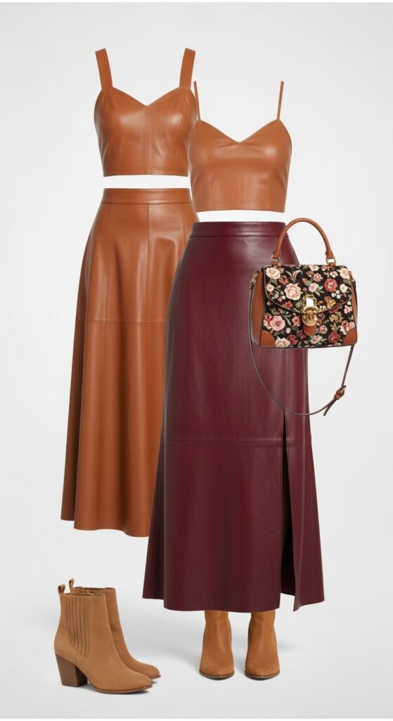 14 Stylish Brown Skirt Outfit Ideas You’ll Love 5 Tan Top & Burgundy Maxi Skirt