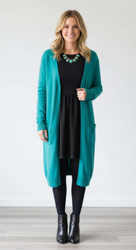 14 Stylish Ways to Wear a Long Cardigan for Any Occasion 6 Teal Cardigan Over a Little Black Dress
