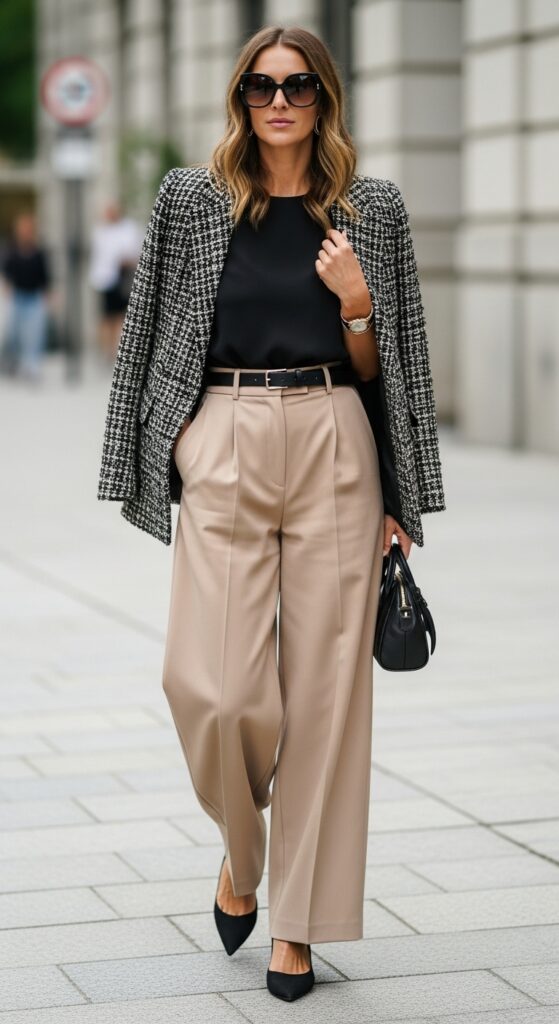 17 Stylish Ways to Wear a Tweed Jacket for Every Occasion 13 Tweed Jacket with Wide-Leg Beige Trousers