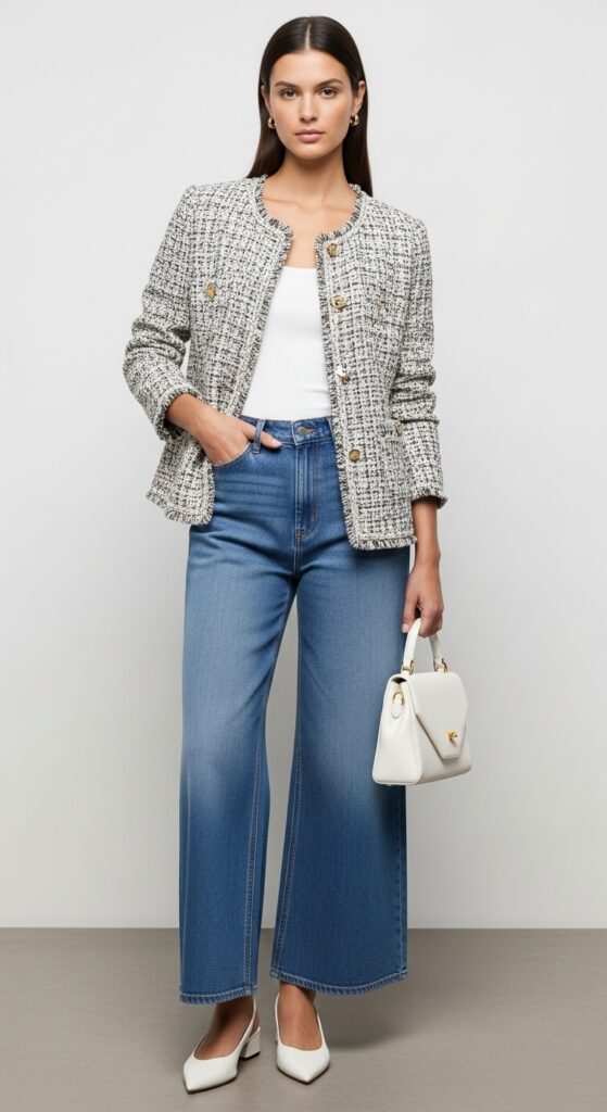 17 Stylish Ways to Wear a Tweed Jacket for Every Occasion 10 Tweed Jacket with Wide-Leg Jeans