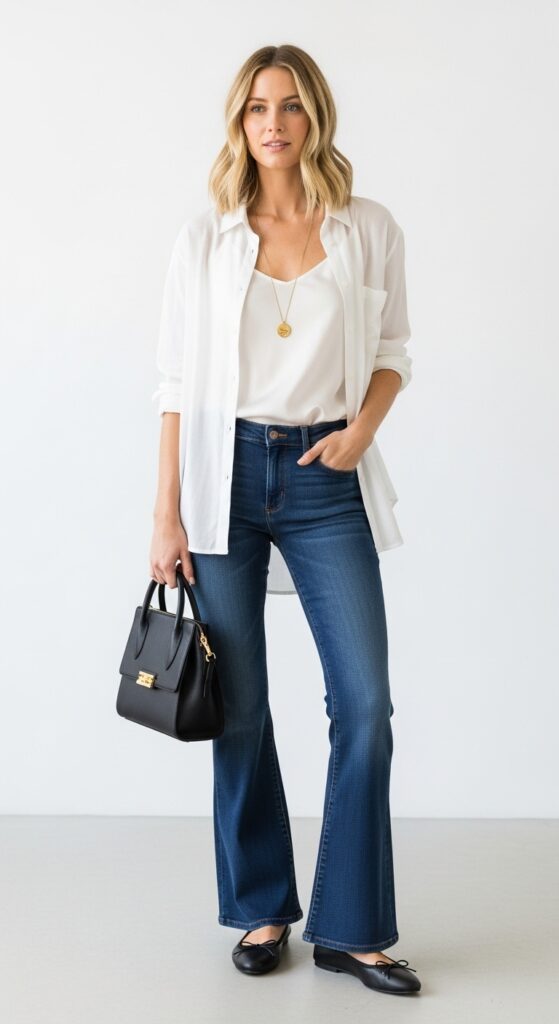 Unbuttoned Shirt and Flared Jeans