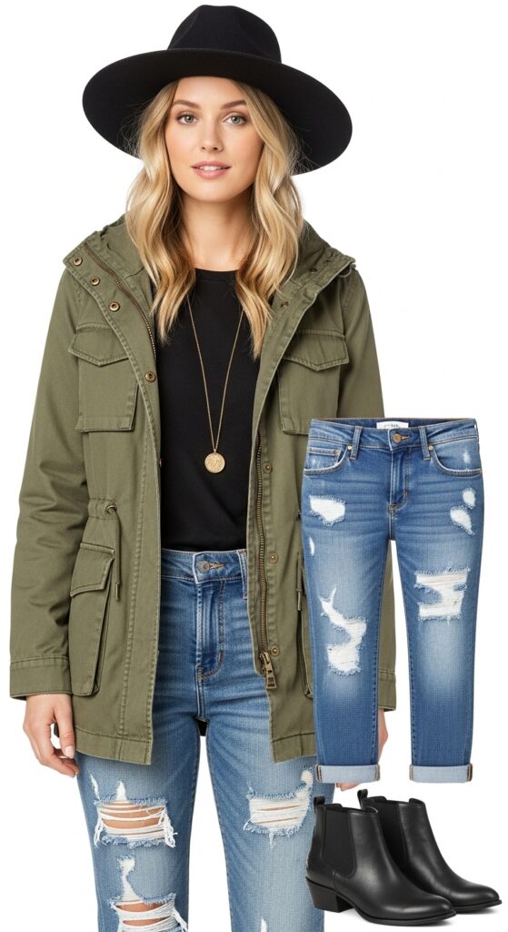 18 Winter Country Concert Outfit Ideas That Will Have You Dancing in Style 17 Utility Jacket and Distressed Jeans