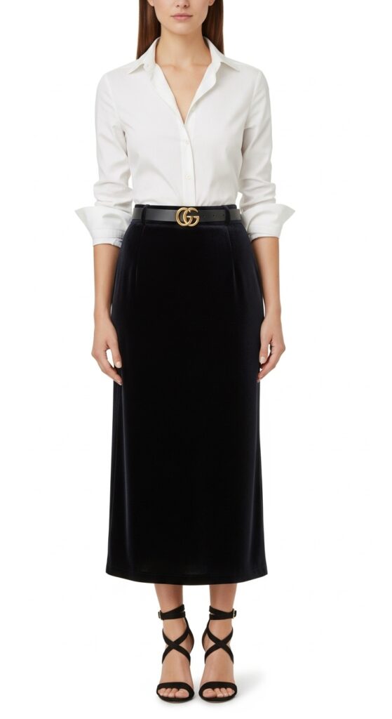 28 Stylish Ways to Wear a White Button-Down Shirt and Elevate Your Fashion 12 Velvet Midi Skirt & Ankle-Strap Sandals
