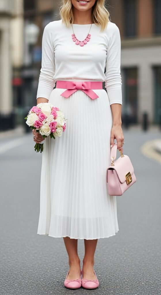 White Ensemble with Pink Accents