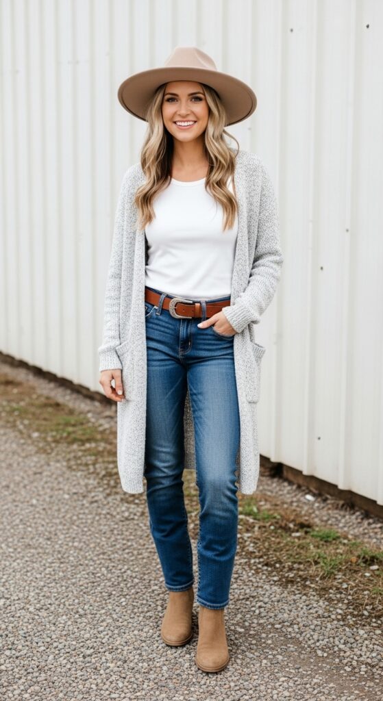 18 Winter Country Concert Outfit Ideas That Will Have You Dancing in Style 2 White Tank and Cardigan Combo